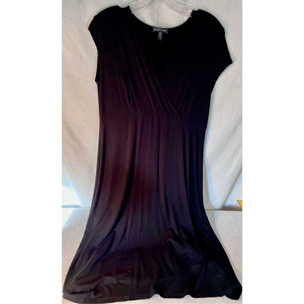 Eileen Fisher Black Short Sleeve Faux Wrap Knee Length Empire Waist Dress S/P